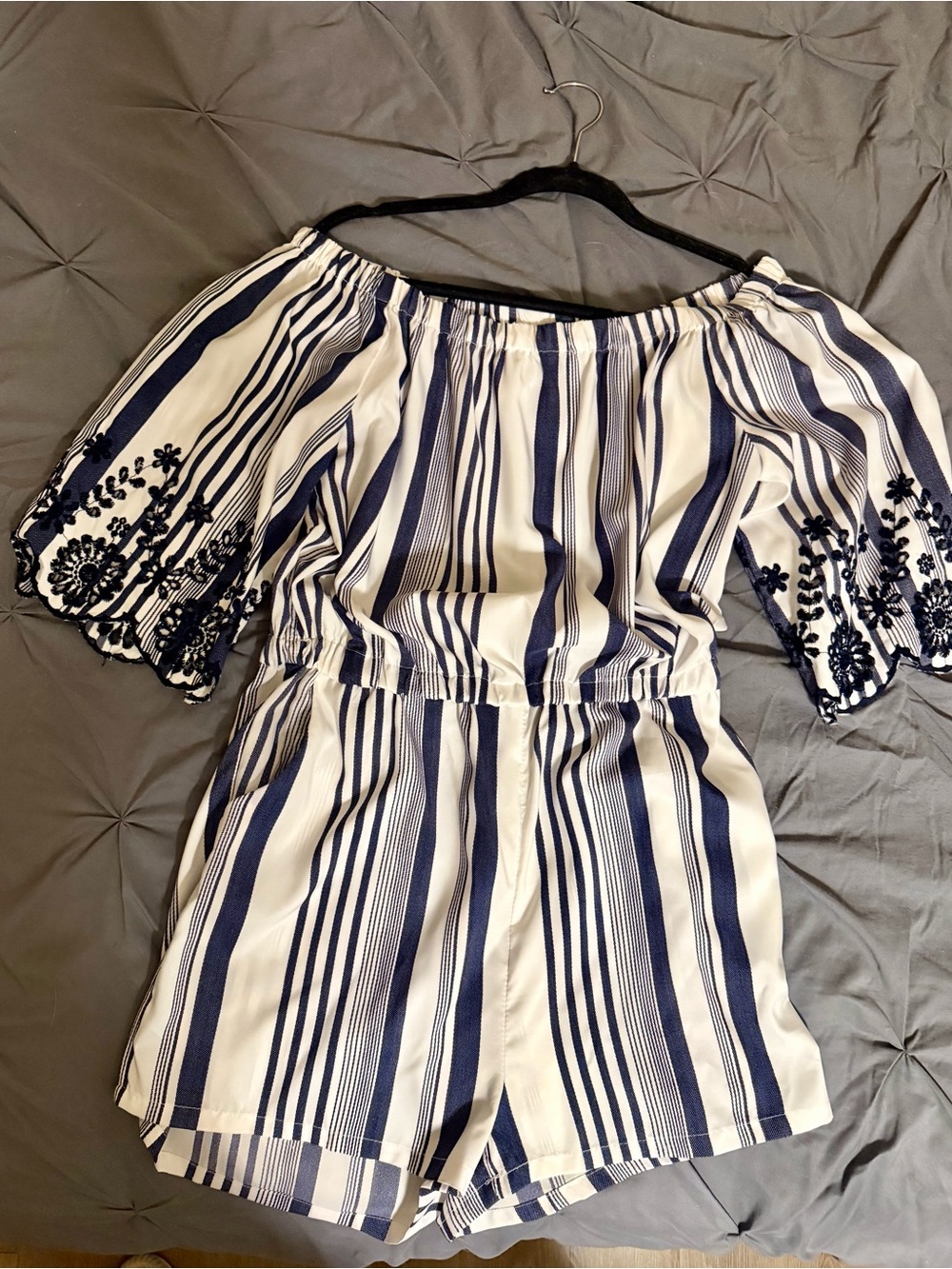 Striped Off-Shoulder Romper with Embroidered Sleeves - Navy/White